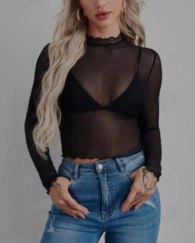 Cropped Sheer Mesh Mock Neck Blouse - Black