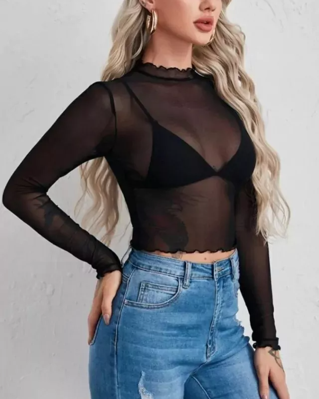 Cropped Sheer Mesh Mock Neck Blouse - Black - 1