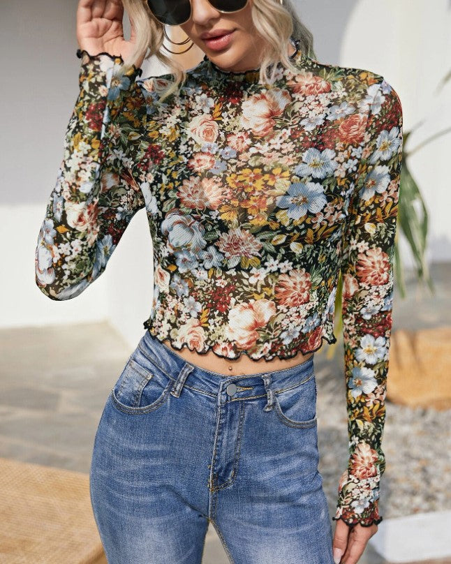 Cropped Sheer Mesh Mock Neck Blouse - Decor