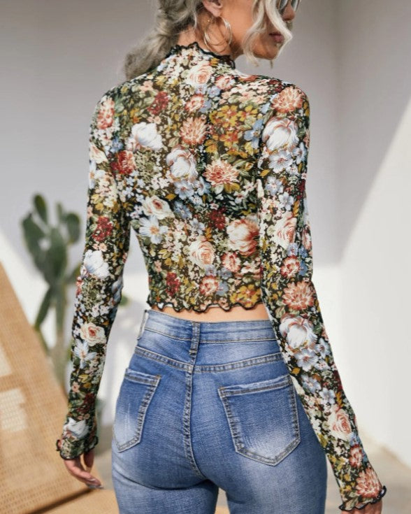 Cropped Sheer Mesh Mock Neck Blouse - Decor - 1