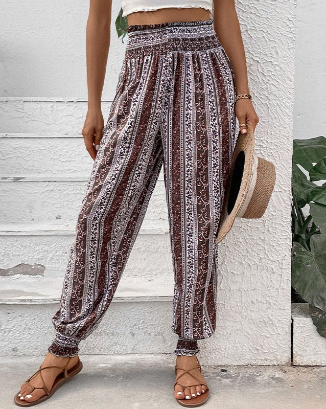 Boho Print Smocked Waist Harem Pants - Brown