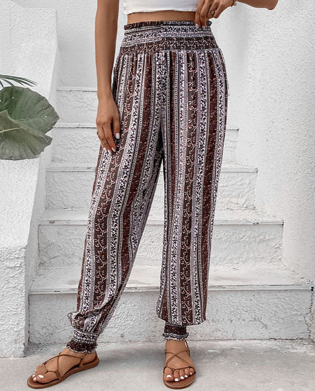 Boho Print Smocked Waist Harem Pants - Brown - 1