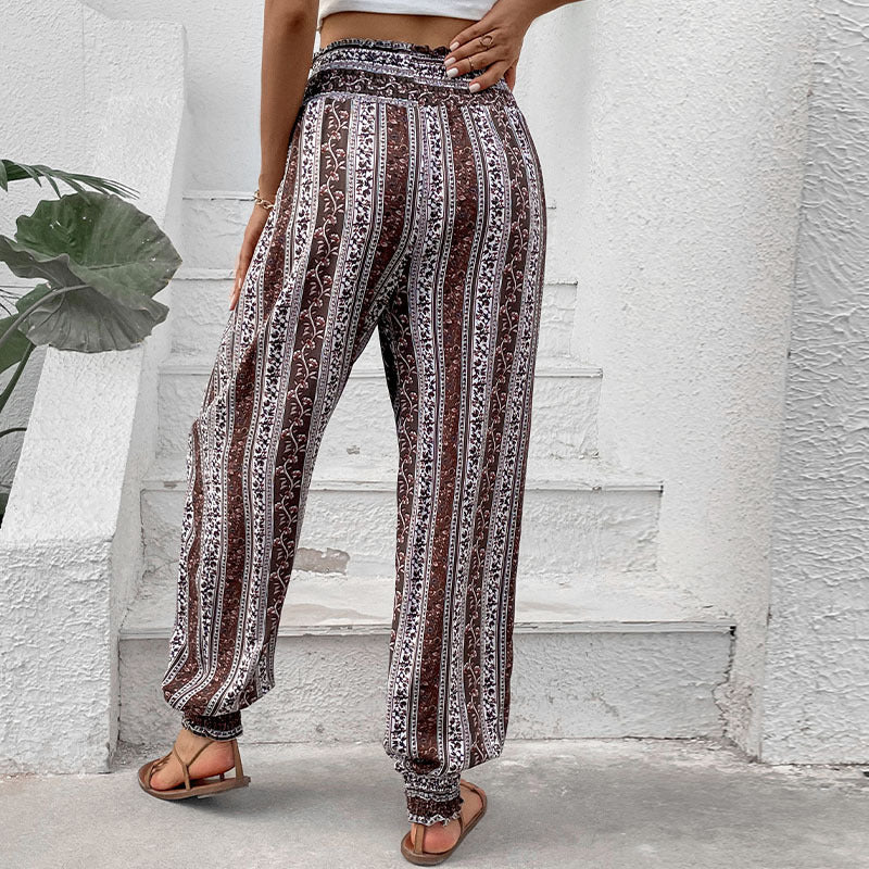 Boho Print Smocked Waist Harem Pants - Brown - 2