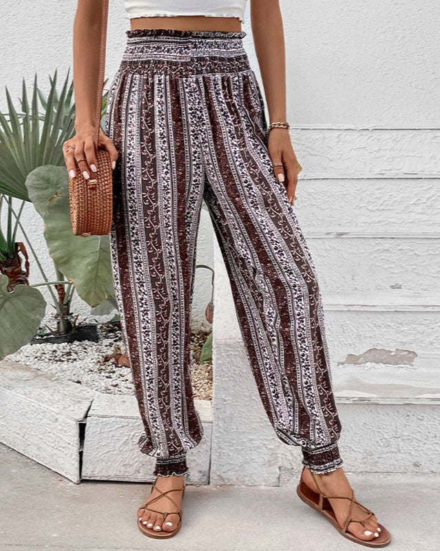 Boho Print Smocked Waist Harem Pants - view 1