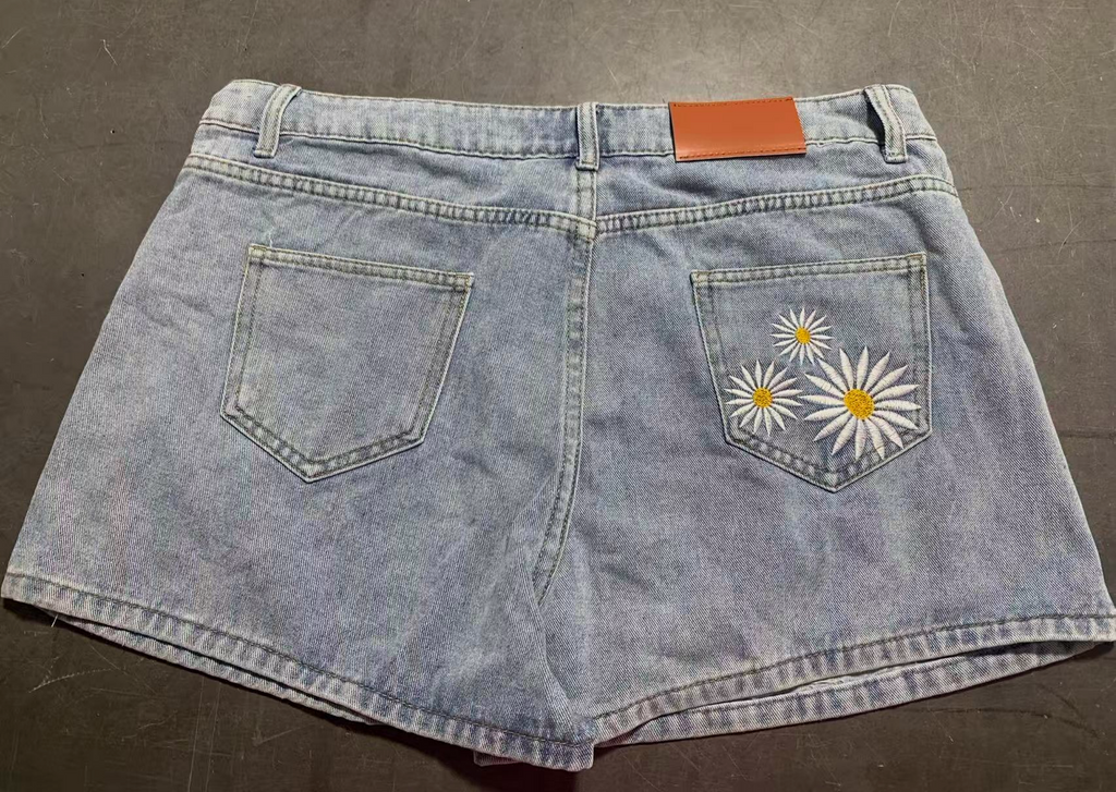 Daisy Pocket High Rise Cuffed Denim Shorts - Blue