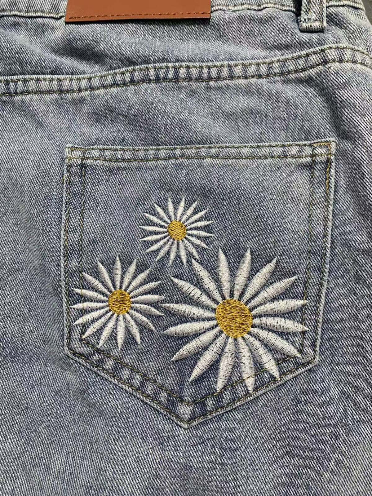 Daisy Pocket High Rise Cuffed Denim Shorts - Blue - 1
