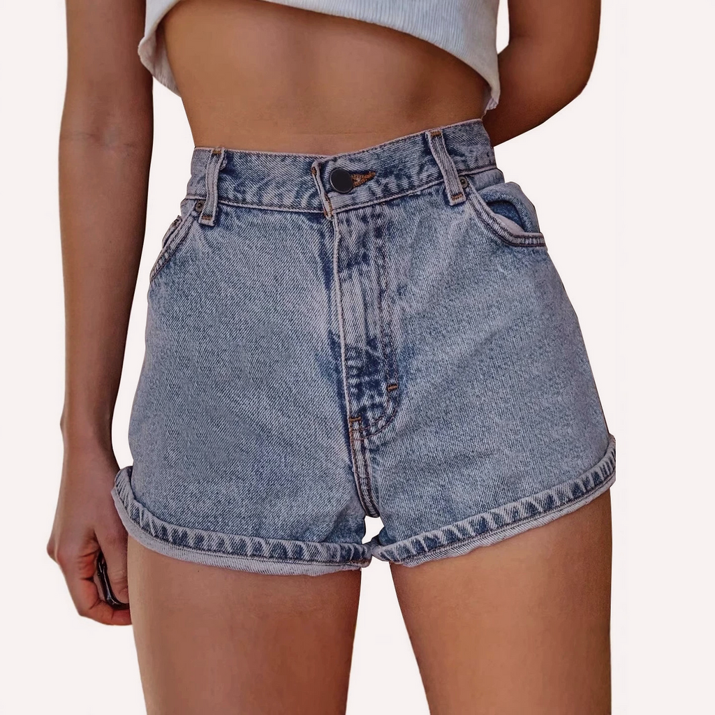 Daisy Pocket High Rise Cuffed Denim Shorts - Blue - 3