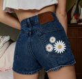 Daisy Pocket High Rise Cuffed Denim Shorts - DarkBlue