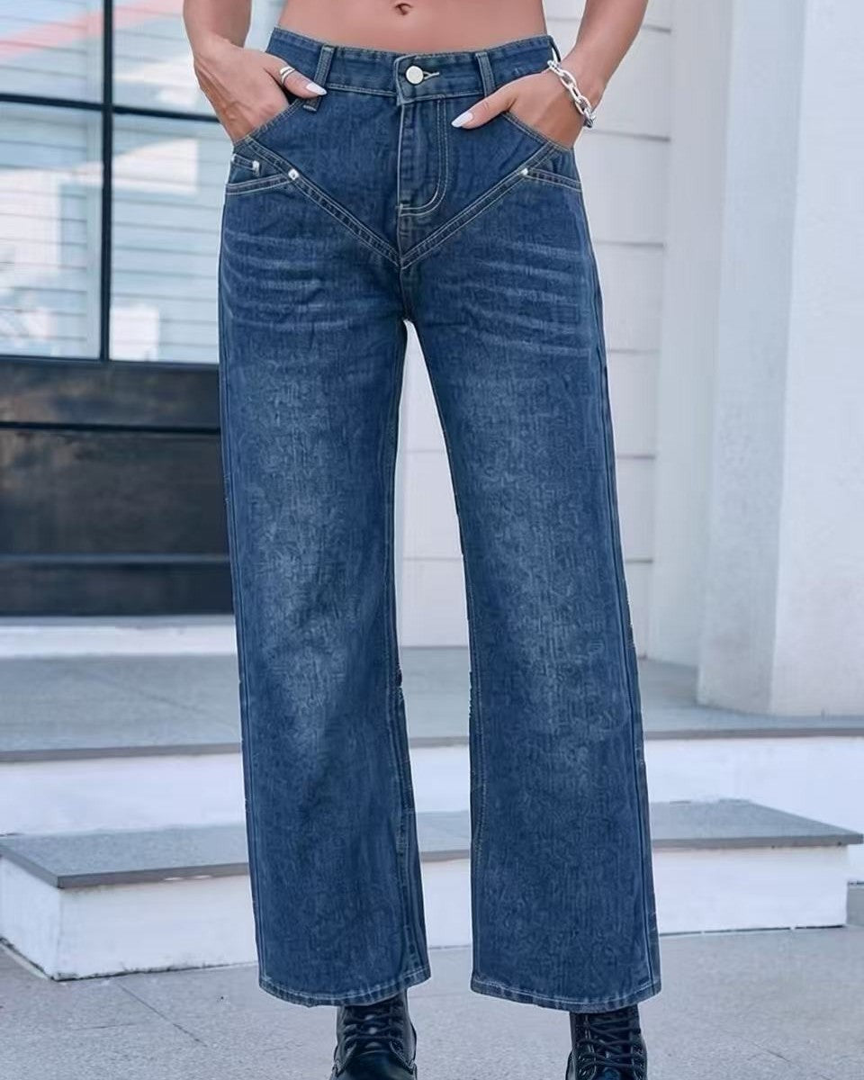 High Rise Wide Leg V Seam Jeans - Blue