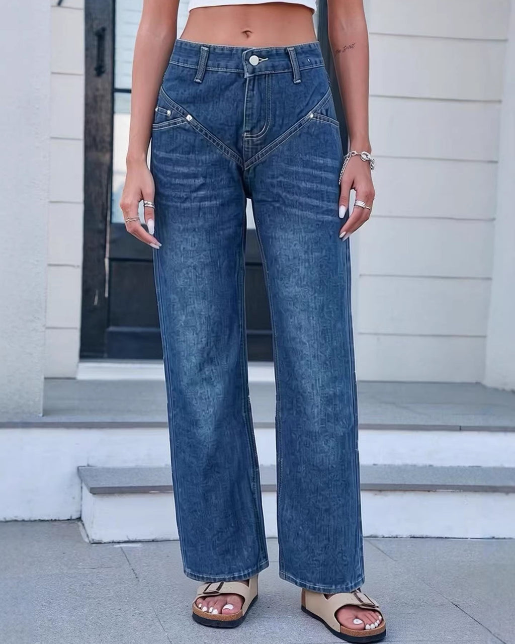 High Rise Wide Leg V Seam Jeans - Blue - 1