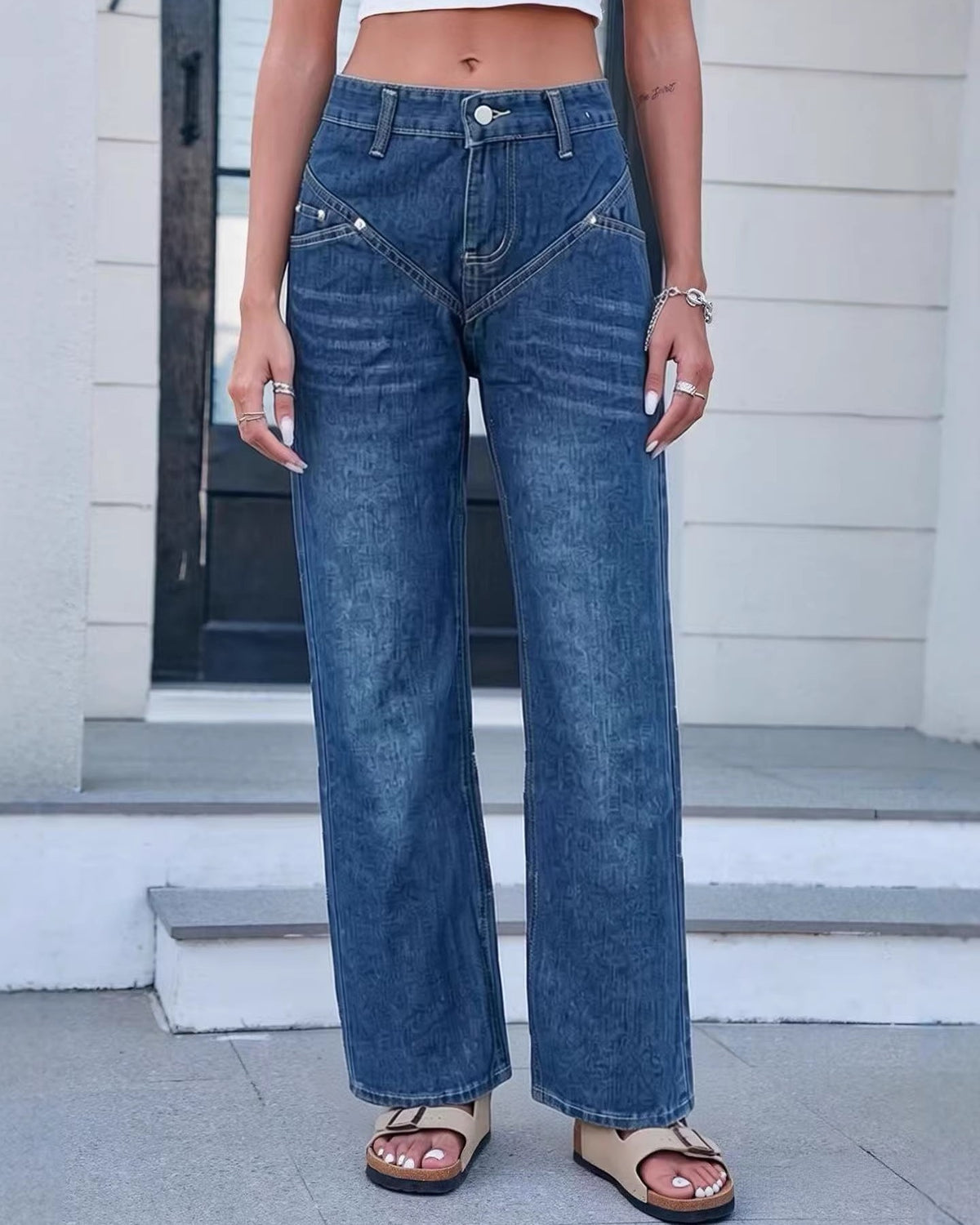 High Rise Wide Leg V Seam Jeans - Blue - 1