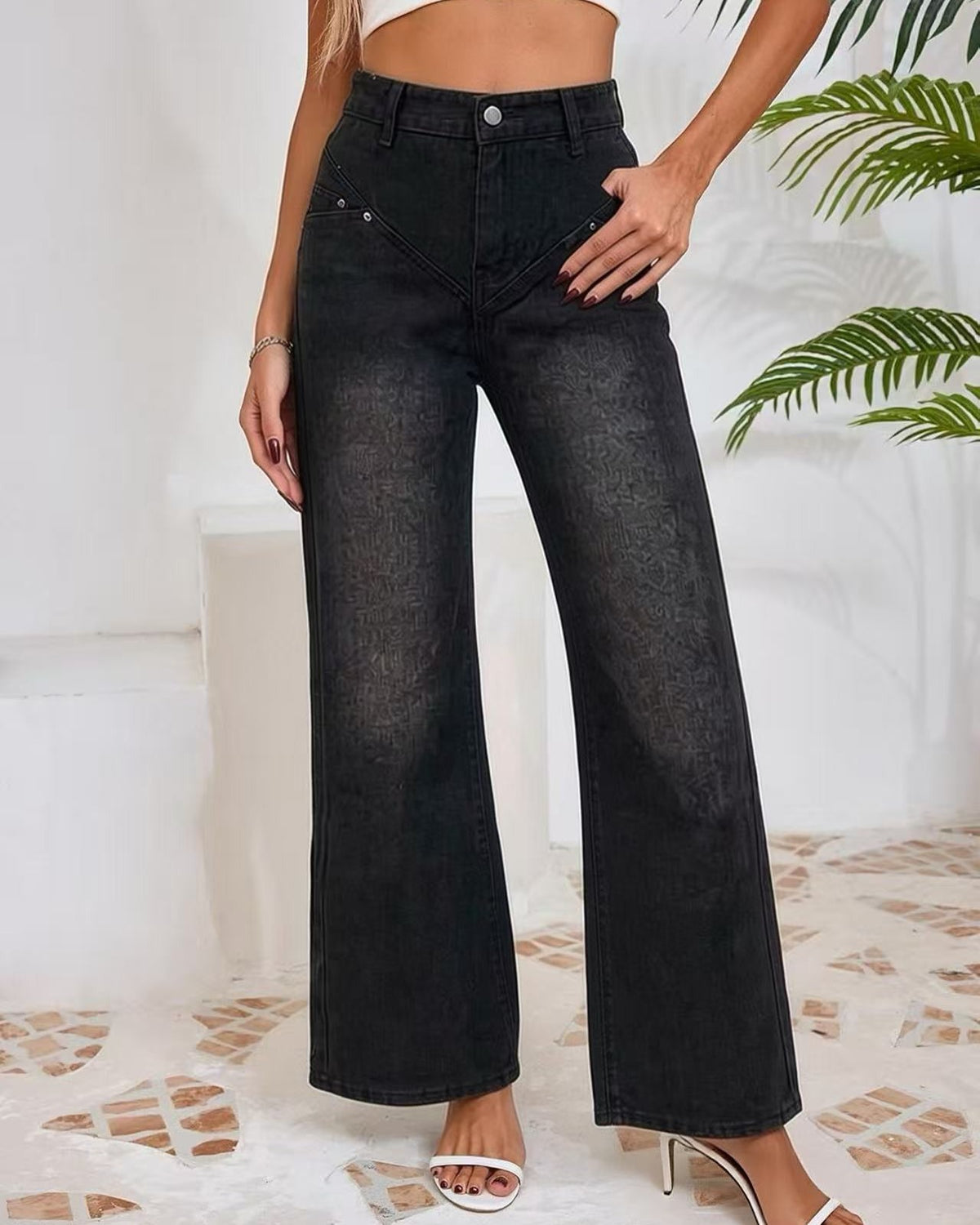 High Rise Wide Leg V Seam Jeans - Dark-Gray