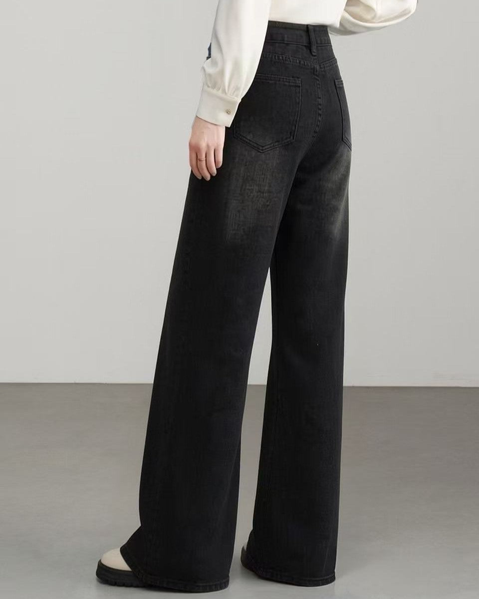 High Rise Wide Leg V Seam Jeans - Dark-Gray - 1