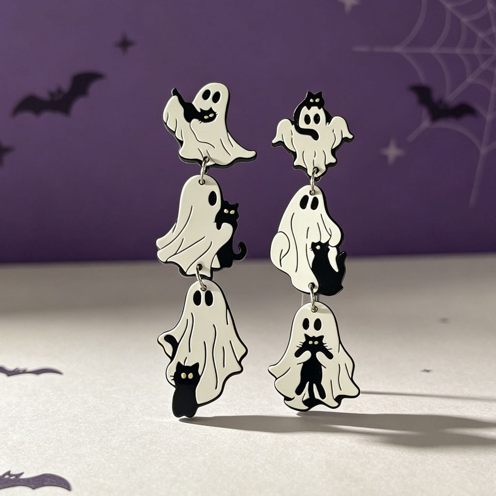 Layered Ghost Cat Halloween Drop Earrings - Black