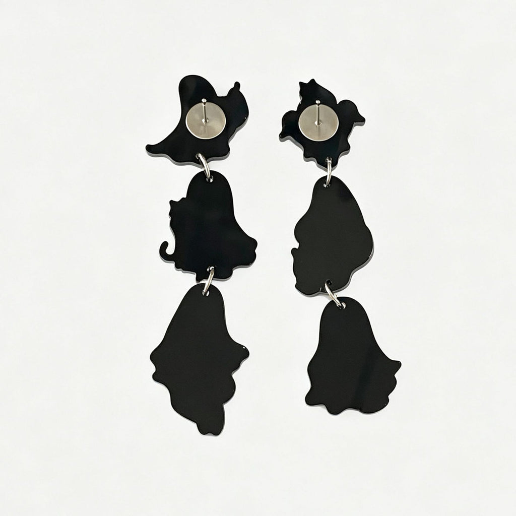Layered Ghost Cat Halloween Drop Earrings - Black - 2