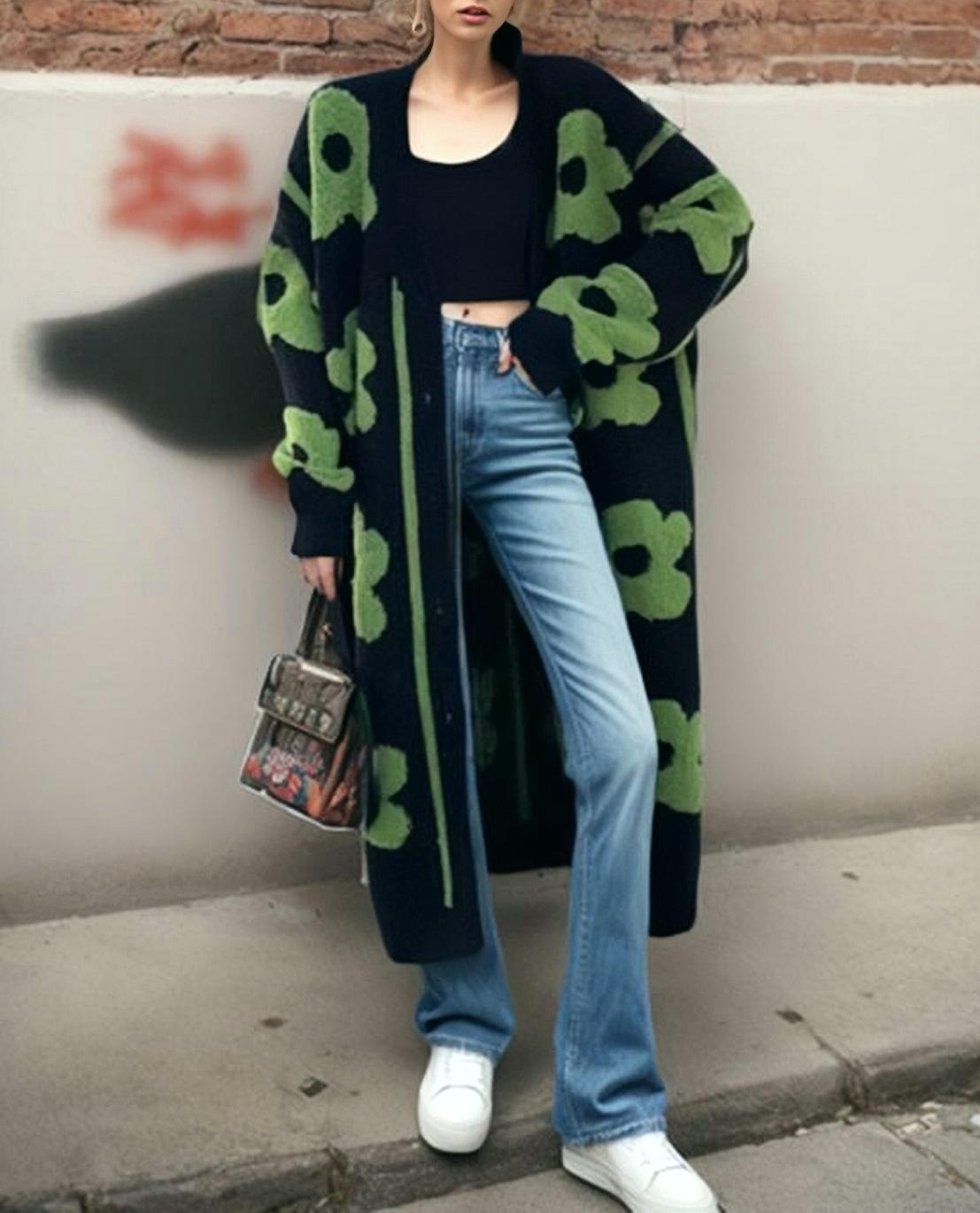 Retro Flower Jacquard Longline Cardigan - green