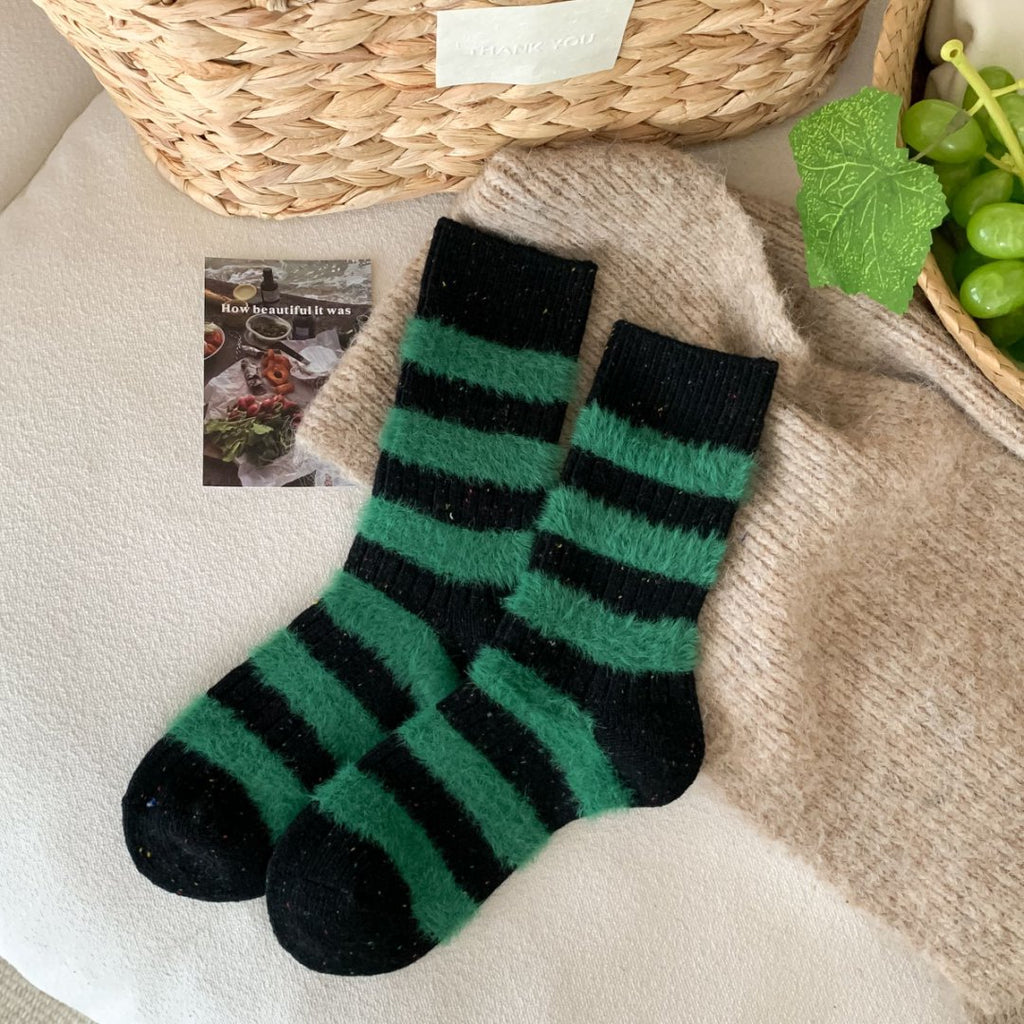 Contrast Stripe Fuzzy Wool Blend Socks - Black