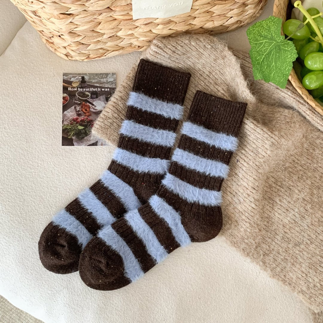 Contrast Stripe Fuzzy Wool Blend Socks - Coffee