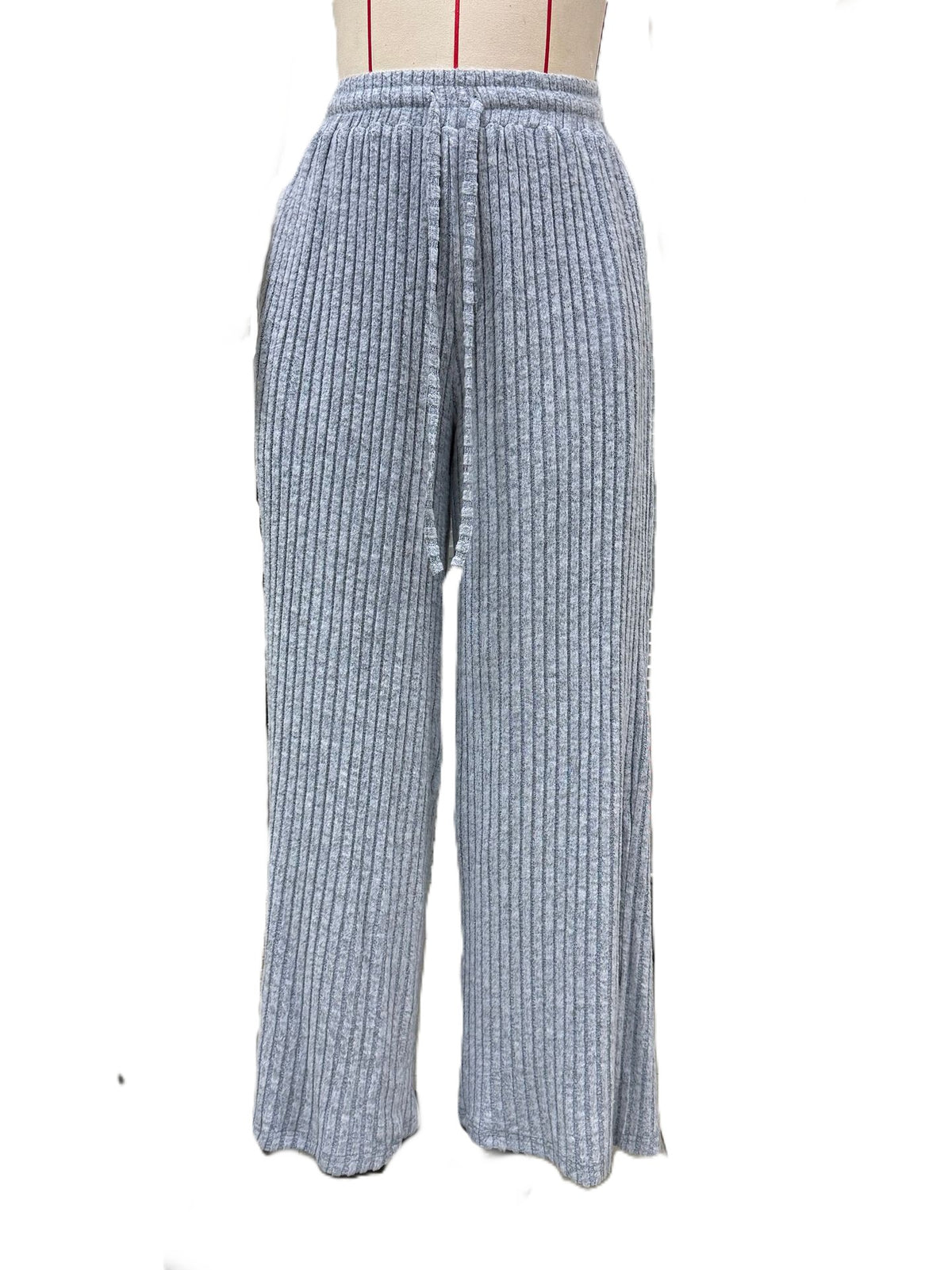 Ribbed Drawstring Wide Leg Pants - Blue