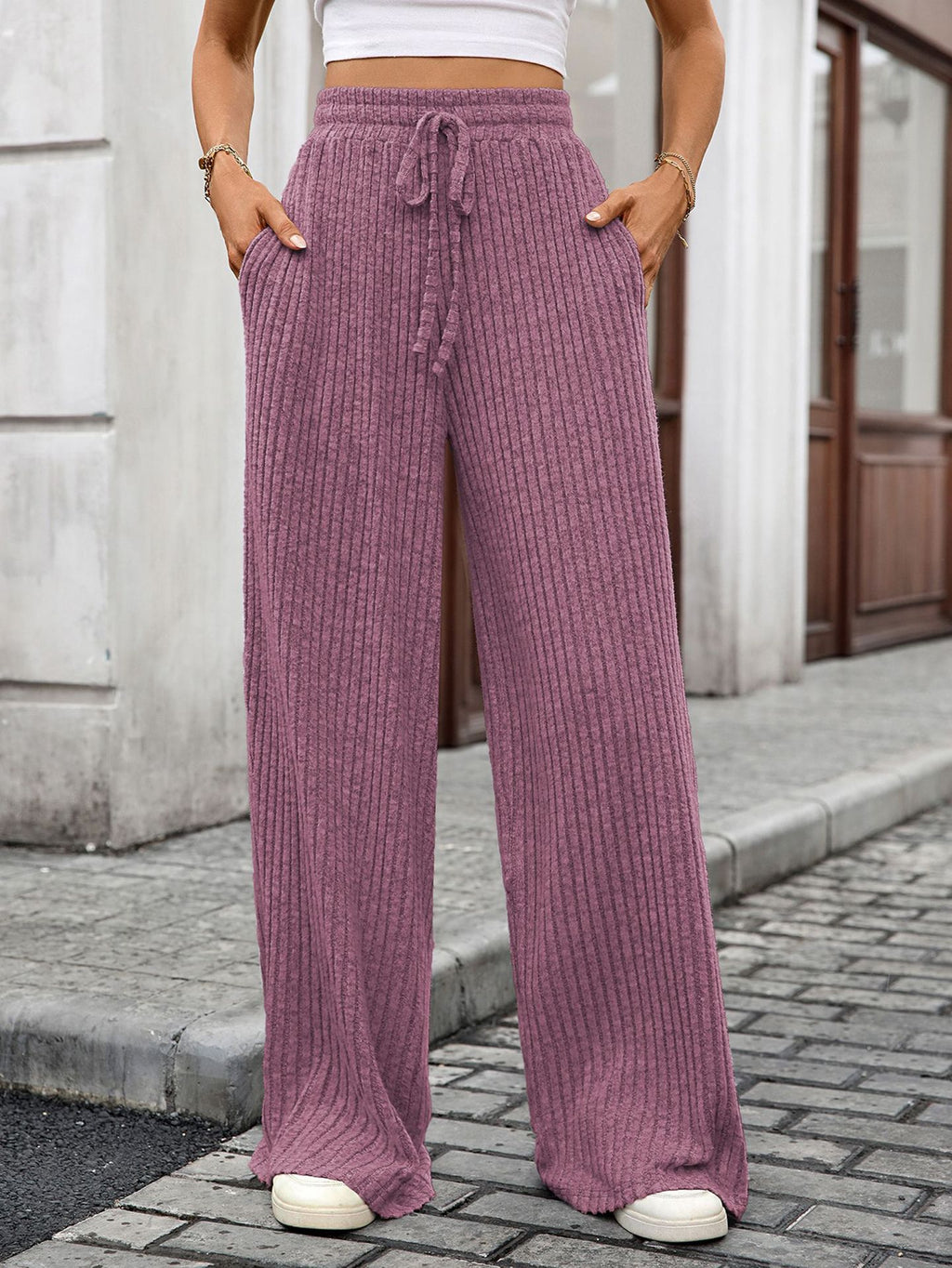 Ribbed Drawstring Wide Leg Pants - Purple
