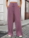 Ribbed Drawstring Wide Leg Pants - Purple
