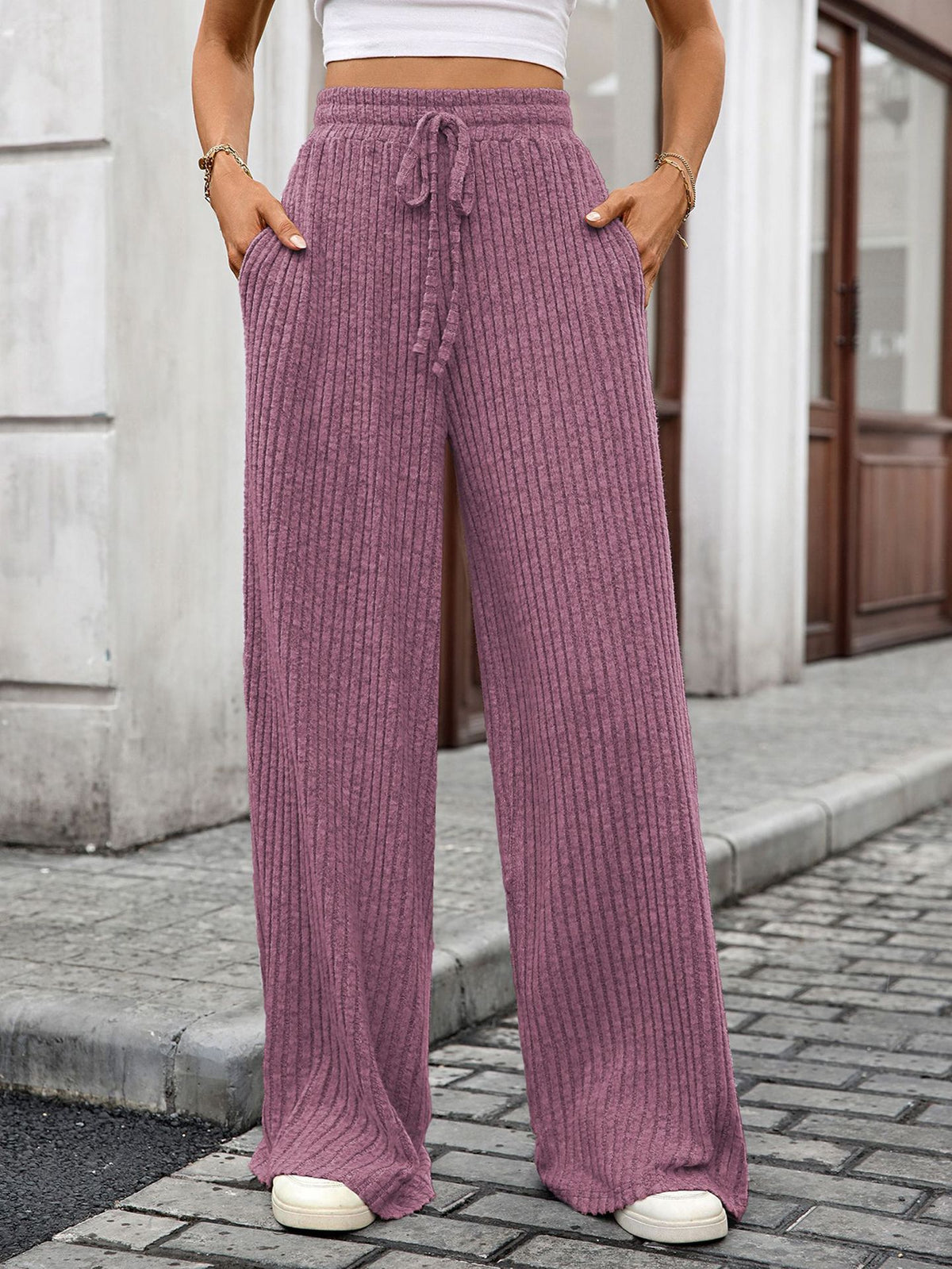 Ribbed Drawstring Wide Leg Pants - Purple