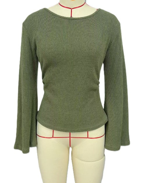 Ribbed Knit Boat-Neck Top with Flare Bell Sleeves - Green