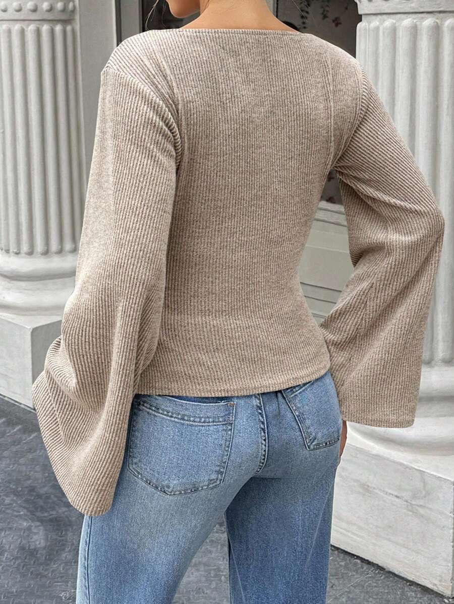 Ribbed Knit Boat-Neck Top with Flare Bell Sleeves - Khaki