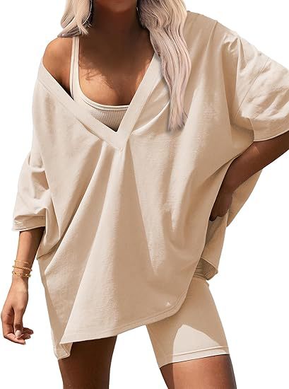 Oversized V Neck Tee and Biker Shorts Set - Apricot