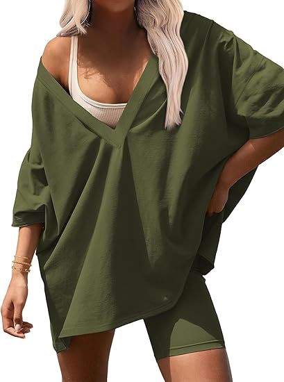 Oversized V Neck Tee and Biker Shorts Set - ArmyGreen