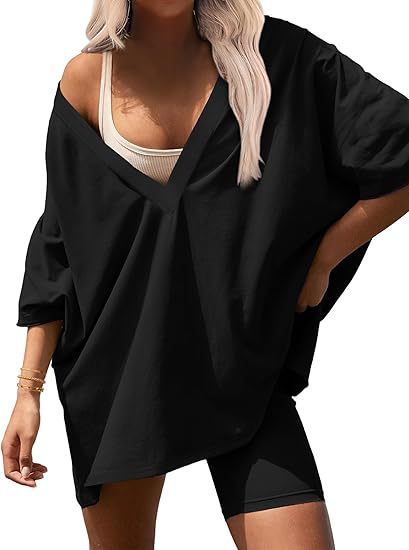 Oversized V Neck Tee and Biker Shorts Set - Black