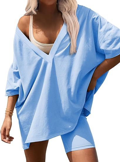 Oversized V Neck Tee and Biker Shorts Set - Blue