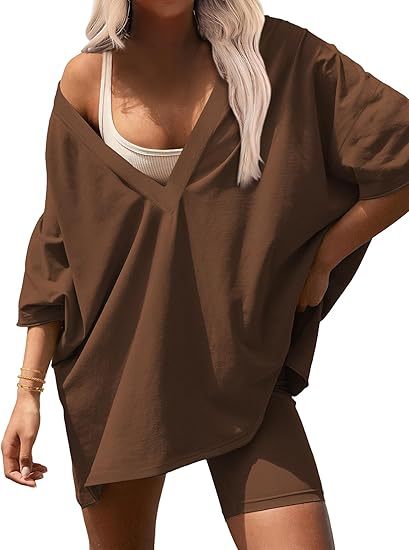 Oversized V Neck Tee and Biker Shorts Set - Coffee