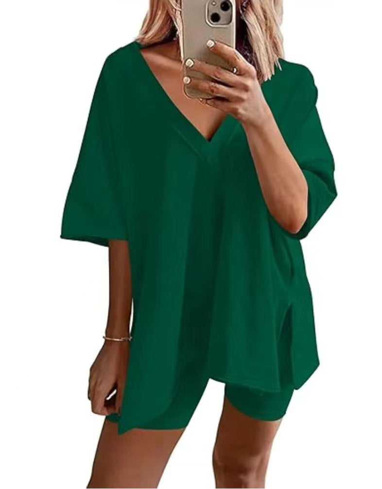 Oversized V Neck Tee and Biker Shorts Set - DarkGreen