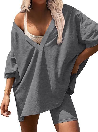 Oversized V Neck Tee and Biker Shorts Set - Gray