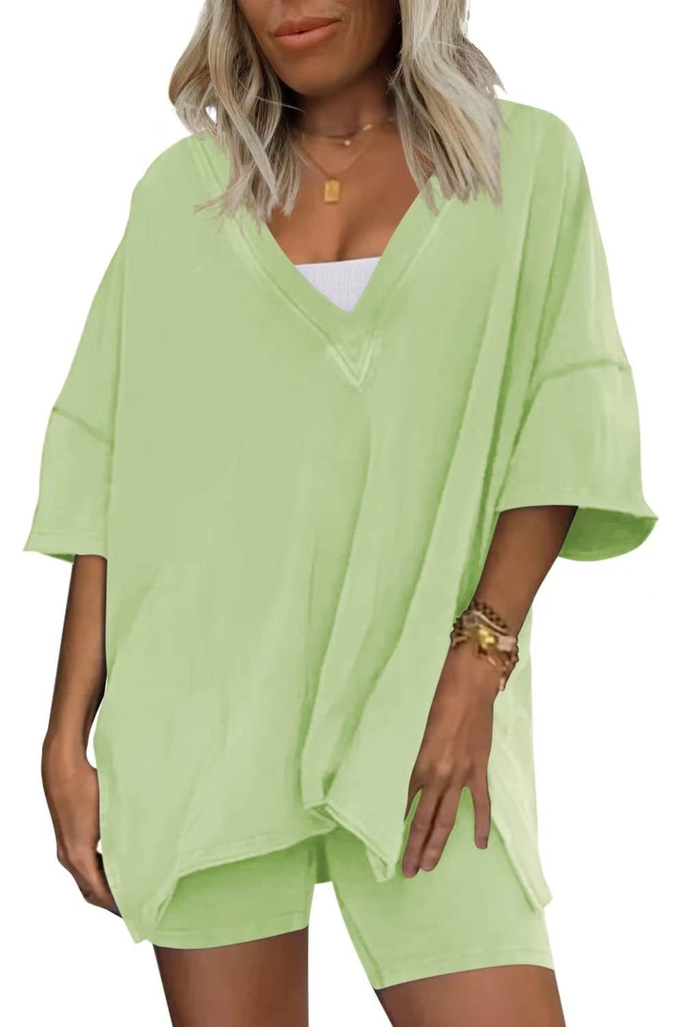 Oversized V Neck Tee and Biker Shorts Set - Green