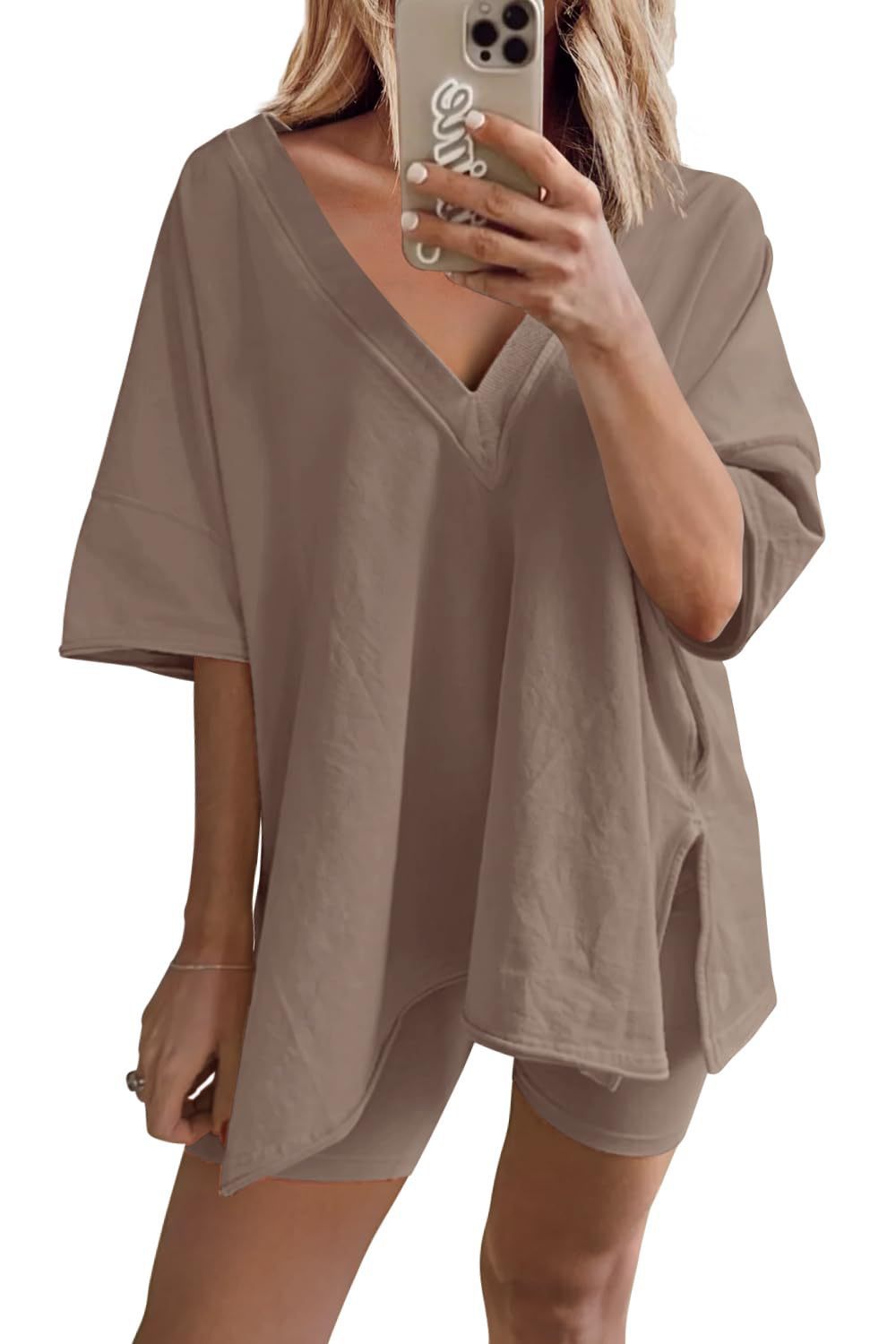 Oversized V Neck Tee and Biker Shorts Set - Khaki
