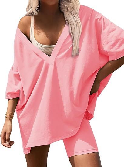Oversized V Neck Tee and Biker Shorts Set - Pink