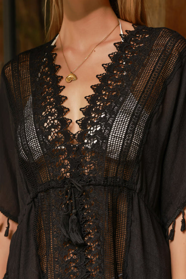 Lace Trim Tassel Maxi Beach Cover Up - Black - 2