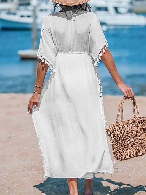 Lace Trim Tassel Maxi Beach Cover Up - White - 2