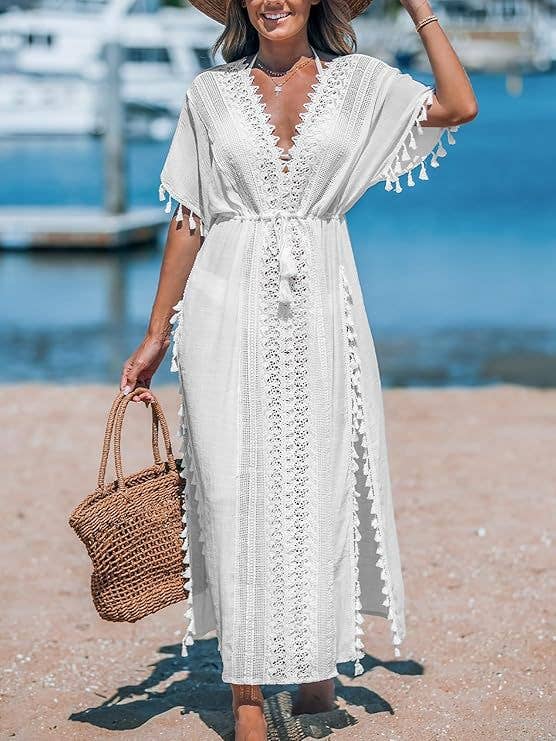 Lace Trim Tassel Maxi Beach Cover Up