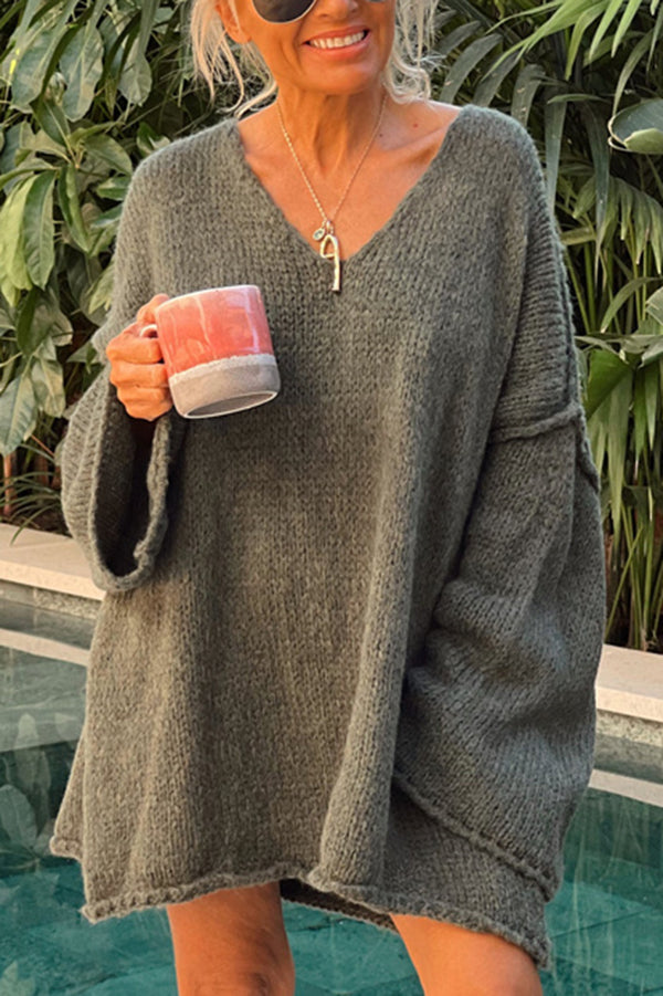 Oversized V Neck Batwing Tunic Sweater - moss