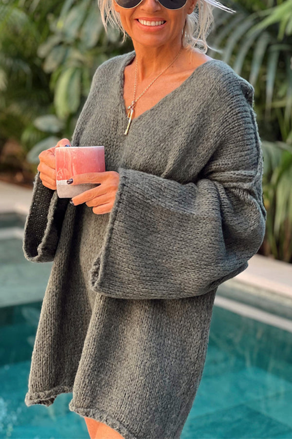 Oversized V Neck Batwing Tunic Sweater - moss - 2