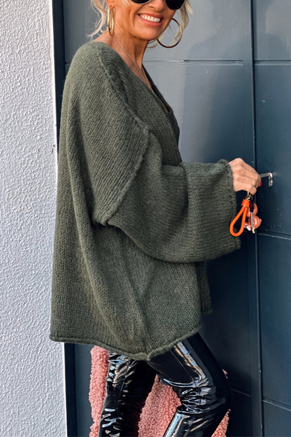 Oversized V Neck Batwing Tunic Sweater - moss - 3