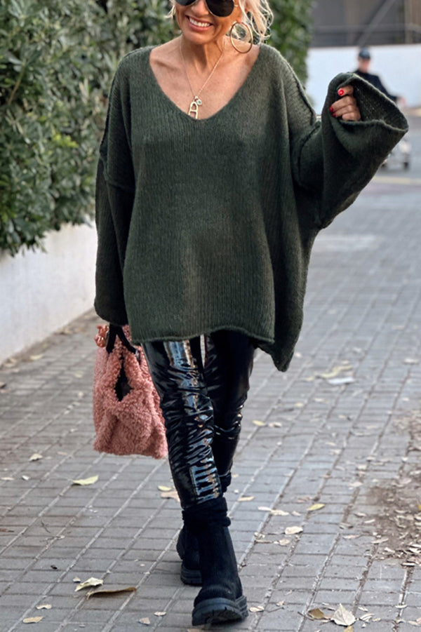 Oversized V Neck Batwing Tunic Sweater - moss - 5