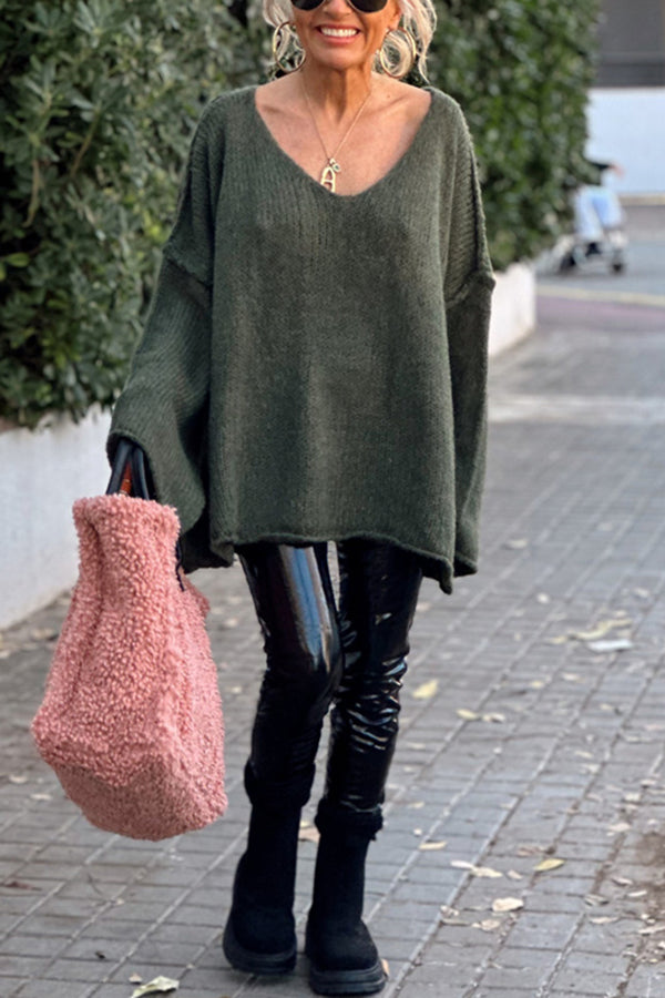 Oversized V Neck Batwing Tunic Sweater - moss - 6