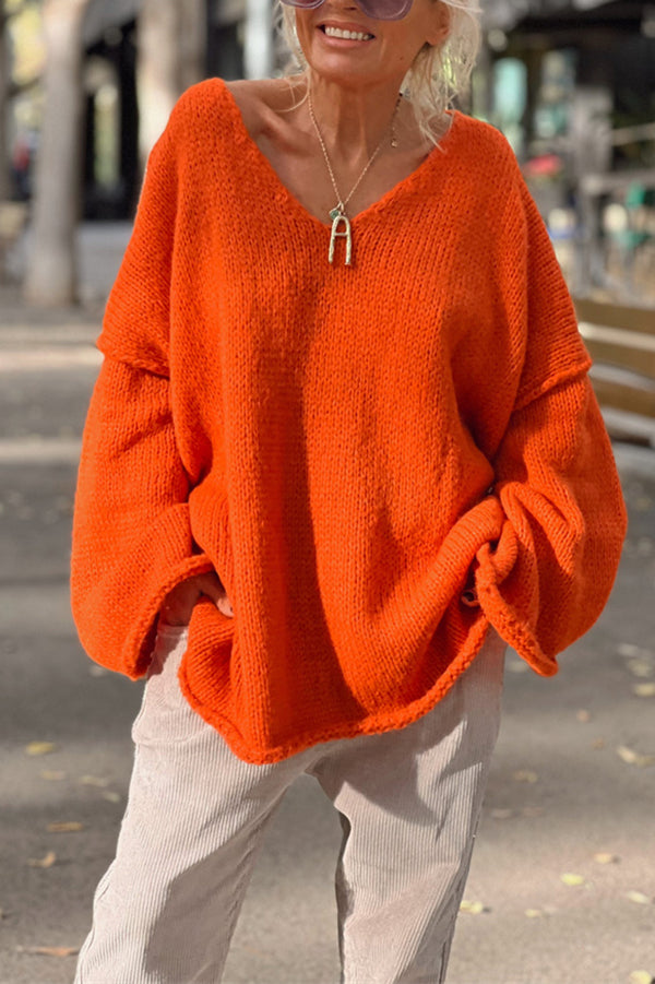 Oversized V Neck Batwing Tunic Sweater - orange