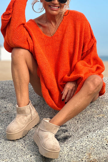 Oversized V Neck Batwing Tunic Sweater - orange - 1