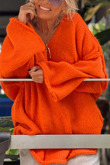 Oversized V Neck Batwing Tunic Sweater - orange - 2
