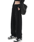 Drawstring Wide Leg Fleece Sweatpants - Black